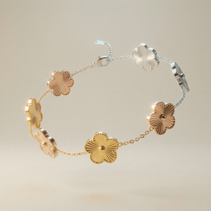 Flower Charm Bracelet showcasing elegant floral design in gold and silver tones.
