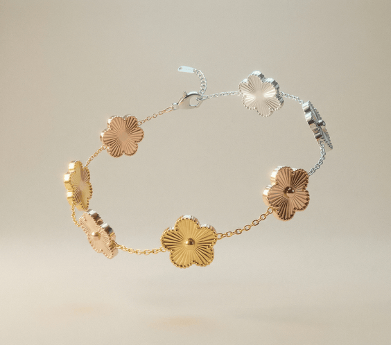 Flower Charm Bracelet showcasing elegant floral design in gold and silver tones.