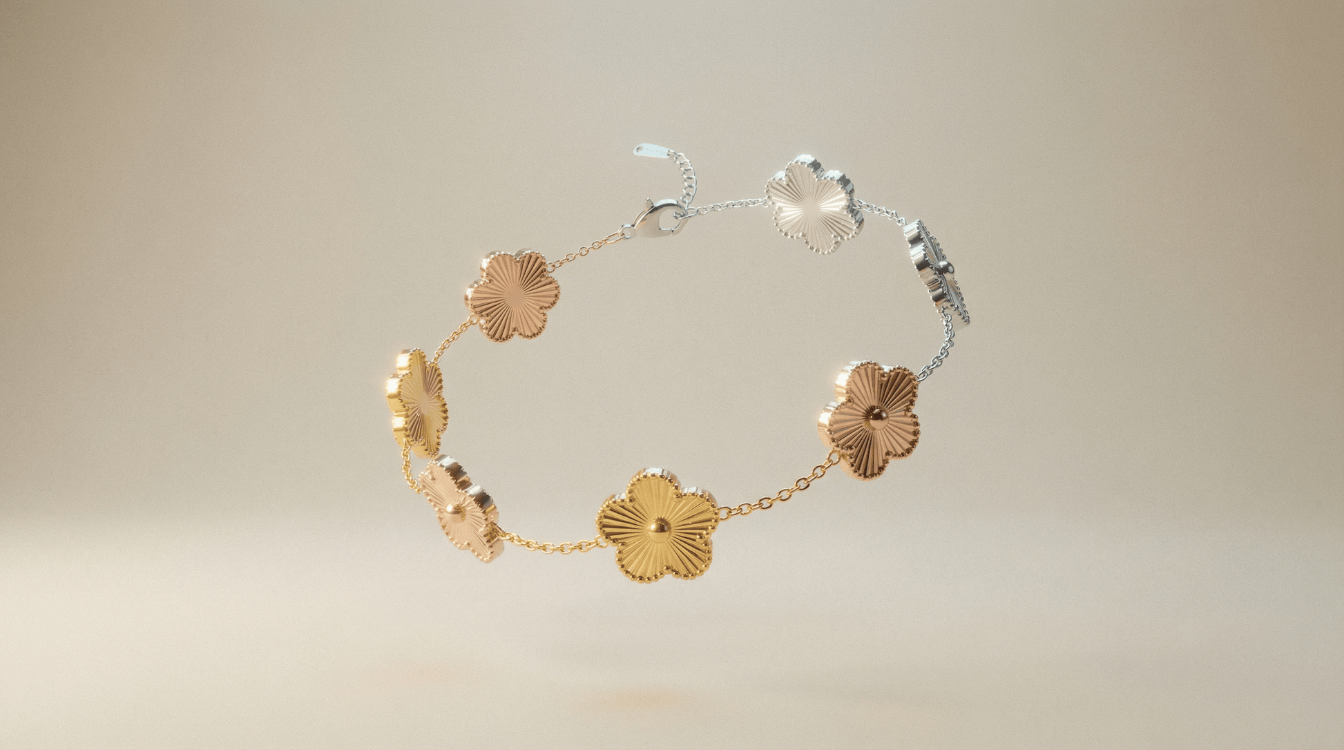 Flower Charm Bracelet showcasing elegant floral design in gold and silver tones.