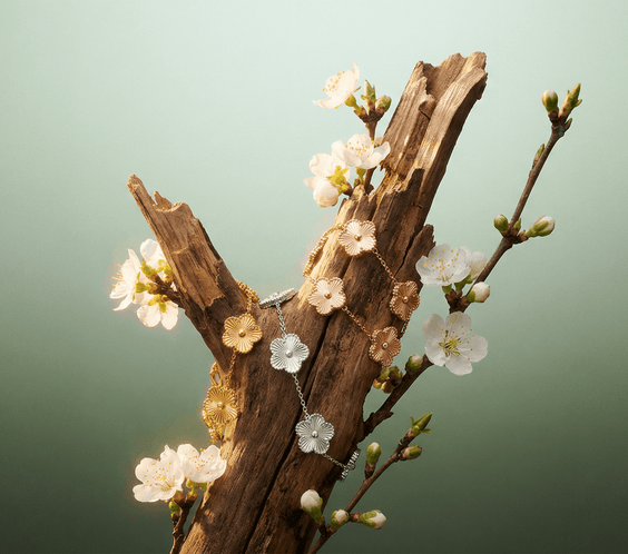 Flower Charm Bracelet displayed with floral accents on a decorative wooden branch.
