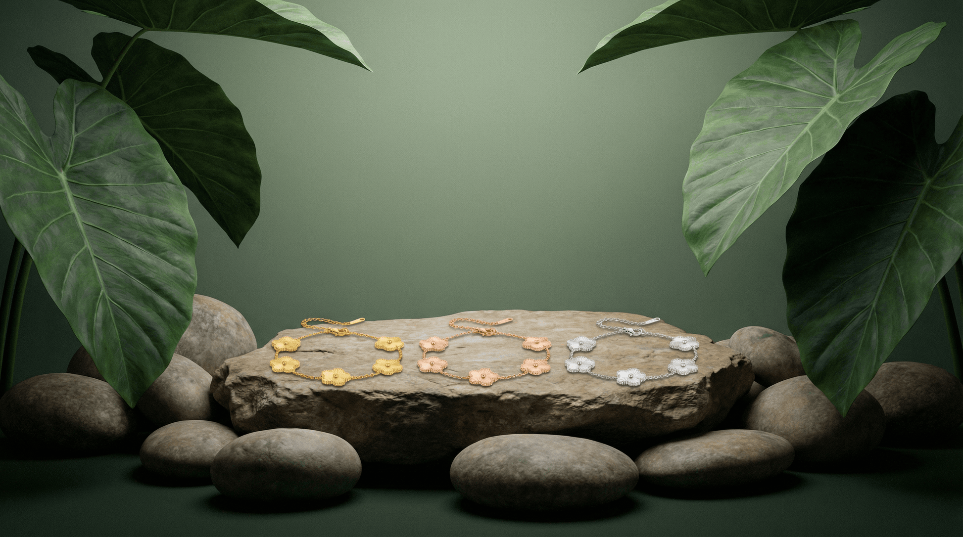 Flower Charm Bracelet displayed on a stone with greenery, showcasing elegant floral jewelry for women.