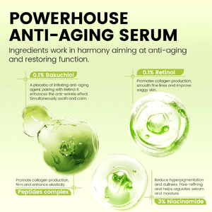 Person holding Luna Lift Facial Serum bottle against a purple background with molecular graphics.