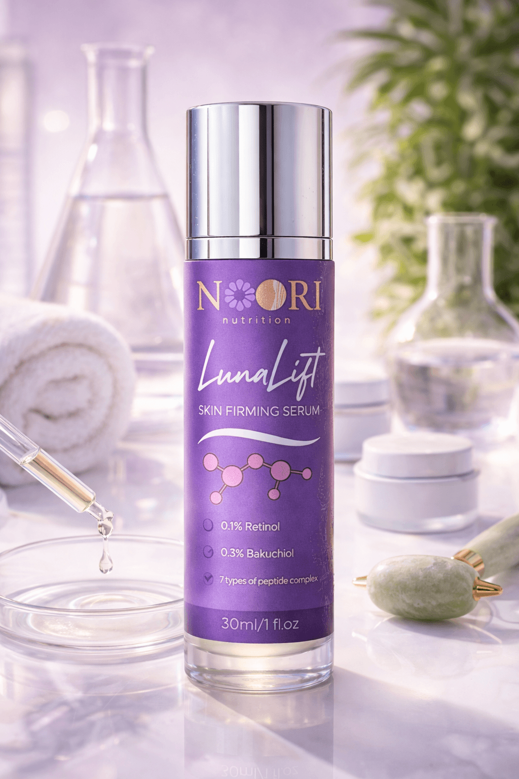 Luna Lift Facial Serum in a sleek bottle on a vanity surrounded by skincare products.