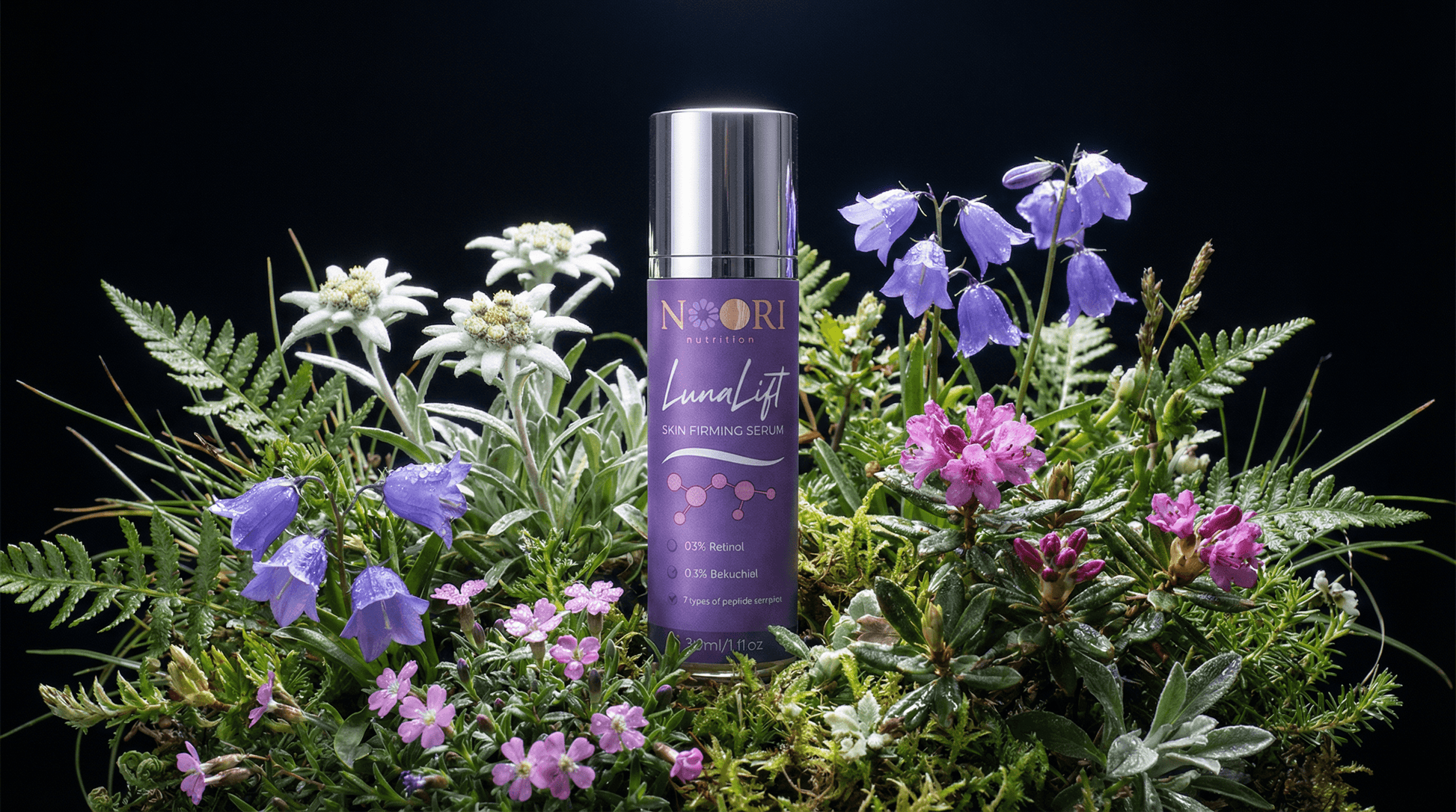 Luna Lift Facial Serum on a bed of vibrant flowers, highlighting its skin lifting and radiance benefits.