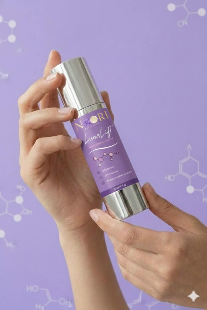 Person holding Luna Lift Facial Serum bottle against a purple background with molecular graphics.